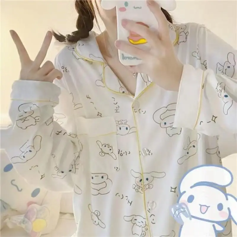 

Kawaii Kuromi Cinnamoroll Hellokittys Sanrioed Clothes Cute Anime Plush Cotton Long Sleeves Pajamas Casual Thin Loungewear Suit