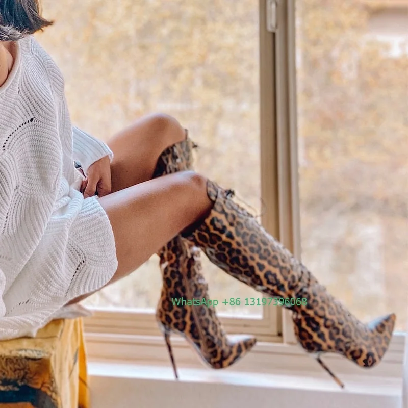 

Женские сапоги с леопардовым принтом, привлекательные сапоги до колена с острым носком, сапоги на шнуровке с боковой молнией, обувь на шпильке, вечерняя Классическая обувь, размер 46