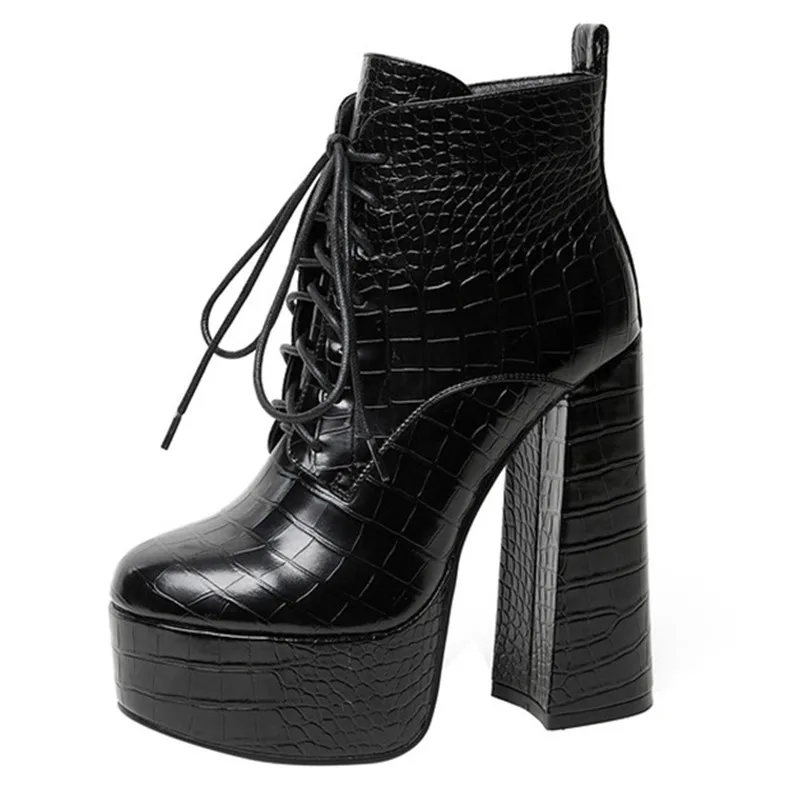 

2023 Plaid Round Toe Women's Ankle Boots Lace Up Thick Platform Crude Heel Female Booties Solid Color Concise Sexy Ladies Shoes