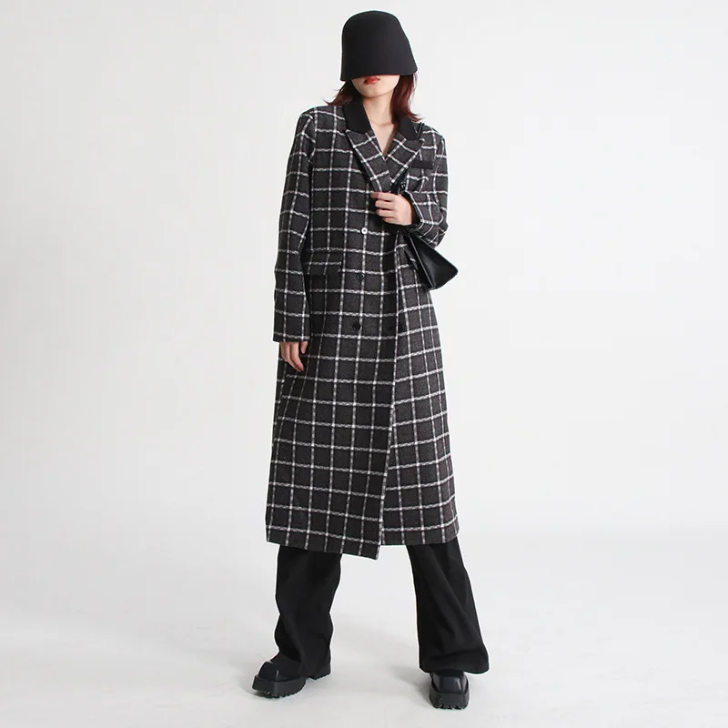 

SuperAen European American Retro Plaid Wool Suit Coat 2022 Autumn New Fashion Turn Down Collar Long Sleeve Double Breasted Coat