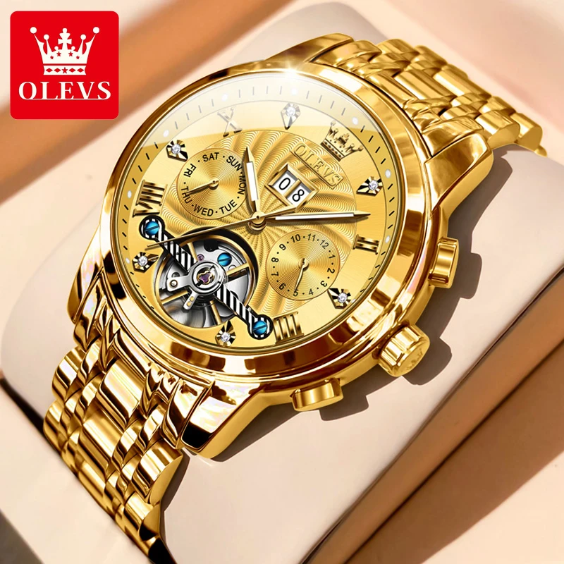 OLEVS Luxury Watches For Men Automatic Watch Waterproof Stainless Steel Mechanical Watches Gift Box Luminous Male Wristwatch