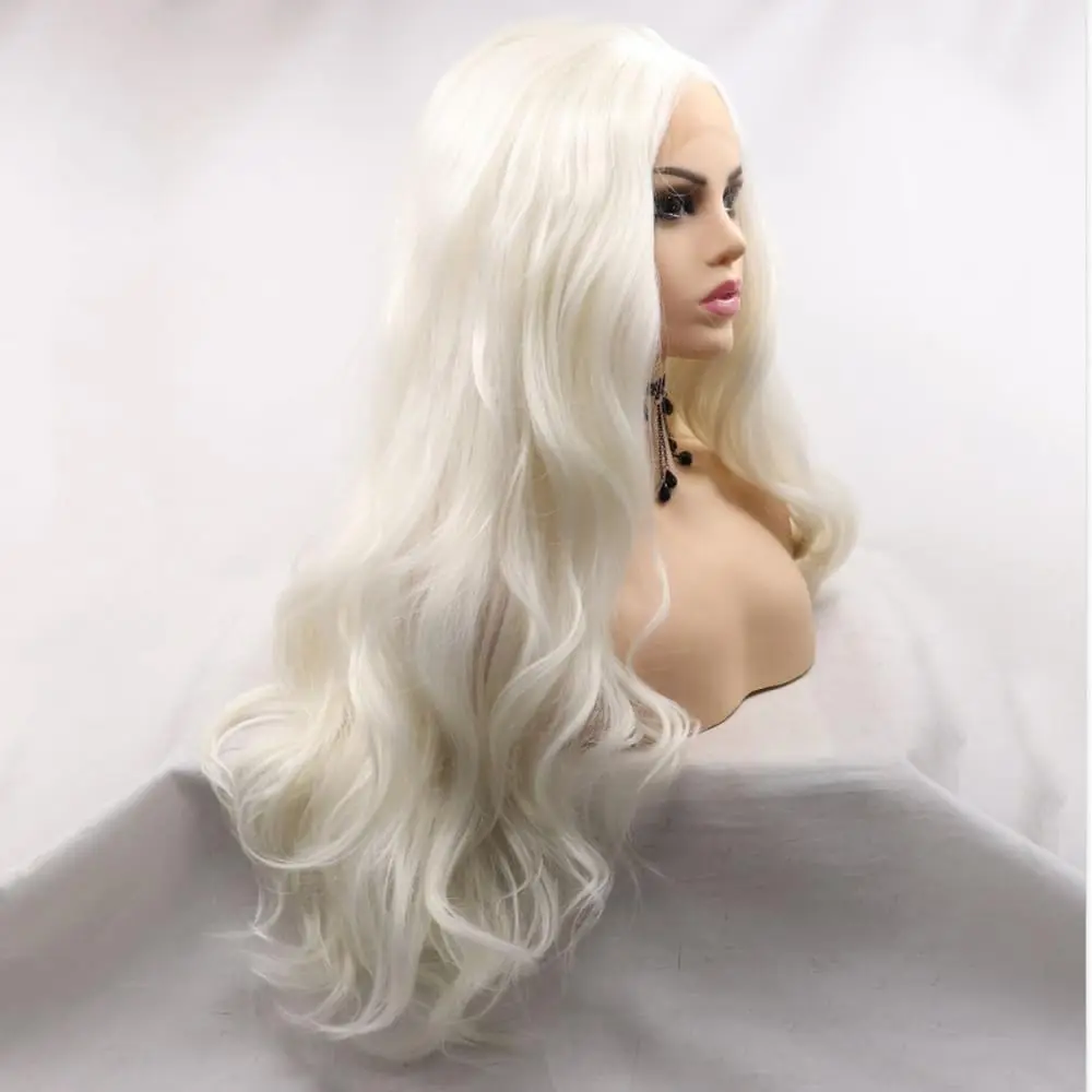 Фото Парик Sylvia Wigs Platinum White, 100% ручной работы, с кружевной передней частью, модель 1001 #   Длинные волнистые термостойкие пряди из синтетического волокна с естественной линией роста волос для женщин №2