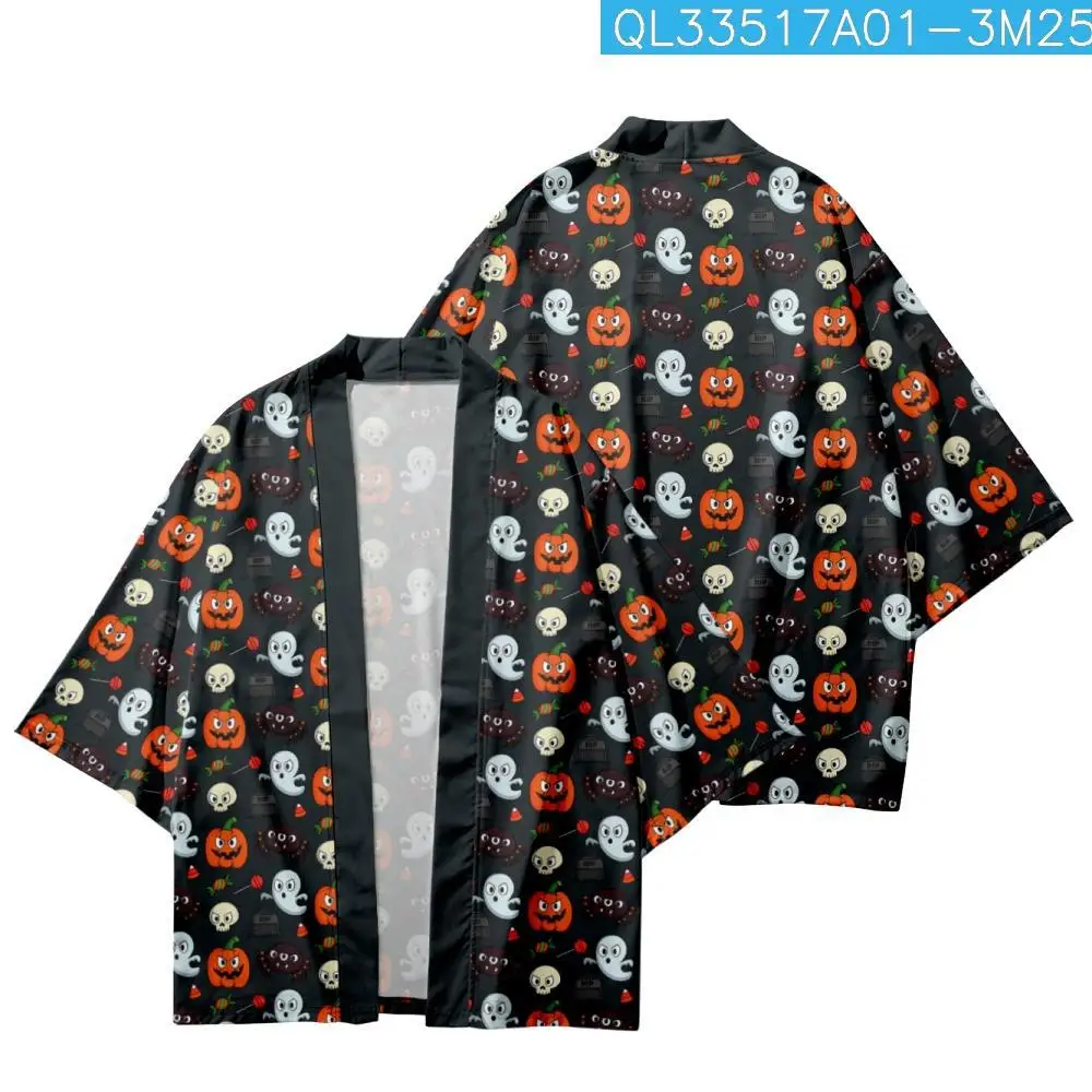 

Harajuku Japanese Cosplay Kimono Yukata Men Women Halloween Ghost And Pumpkin And Skull Print Cardigan Loose Blouse Asian