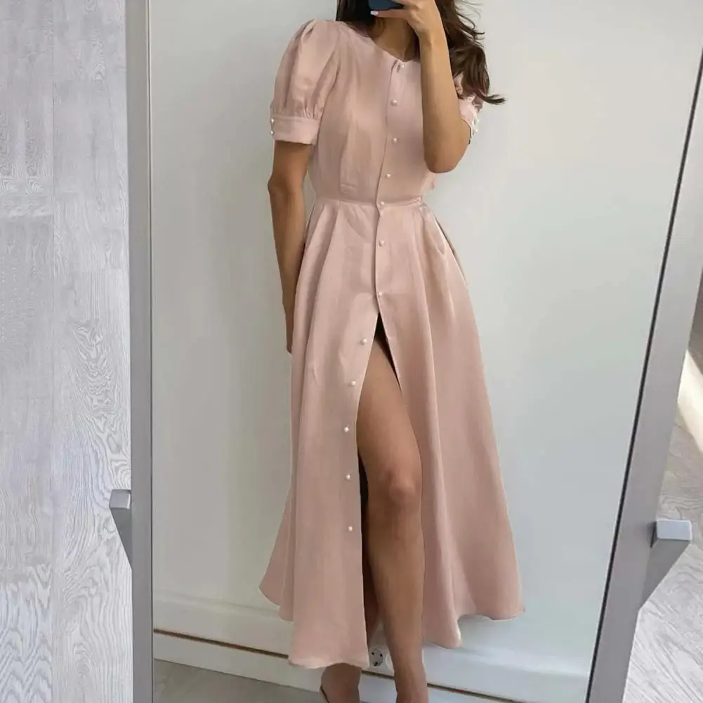 

Stylish Elegant Dress Round Neck Anti-pilling Summer Dress Large Hemline A-Line Swing Fairy Dress