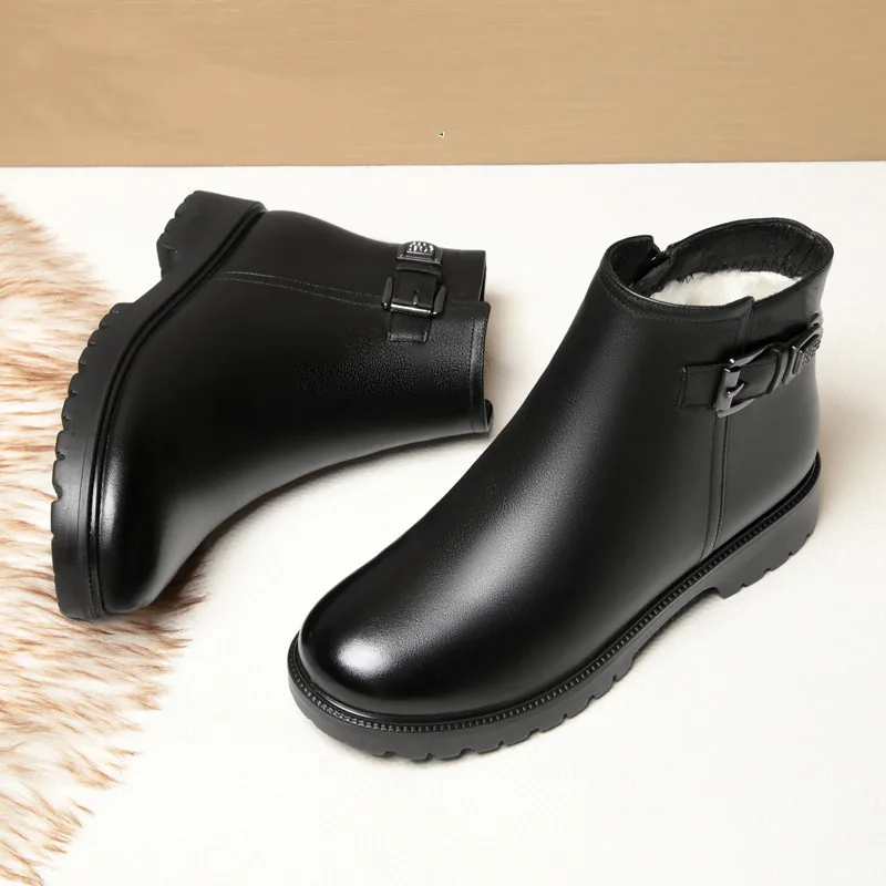 Winter Genuine Leather Women Boots Ankle Boots Keep Warm Wool Snow Boots Non-slip Shoes Mother Soft Comfortable Low Heels Shoes