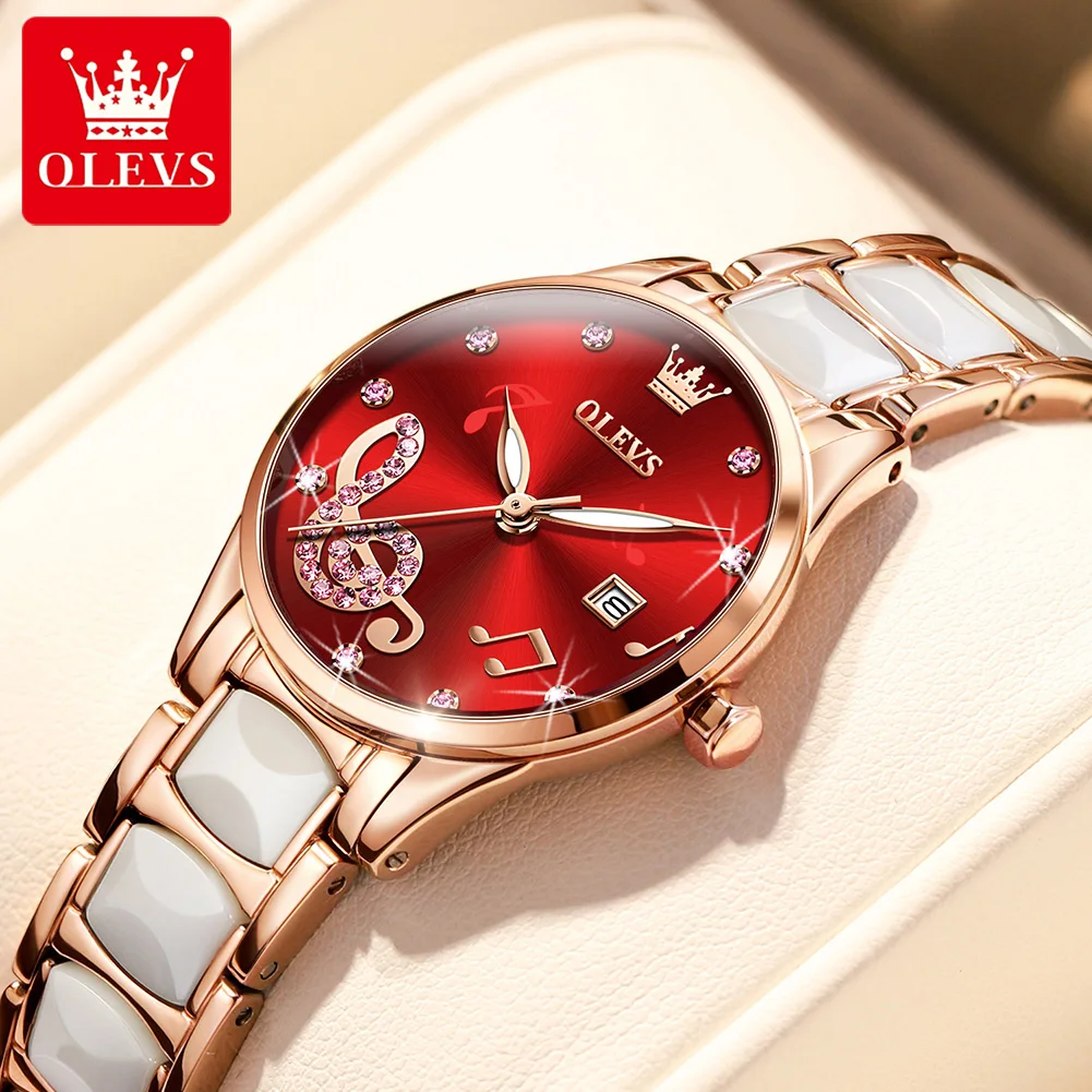 OLEVS Brands Ladies Luxury Ceramic Quartz Watch Bracelet Necklace Suit Fashion Rhinestone Waterproof Calendar Women Wirstwatch
