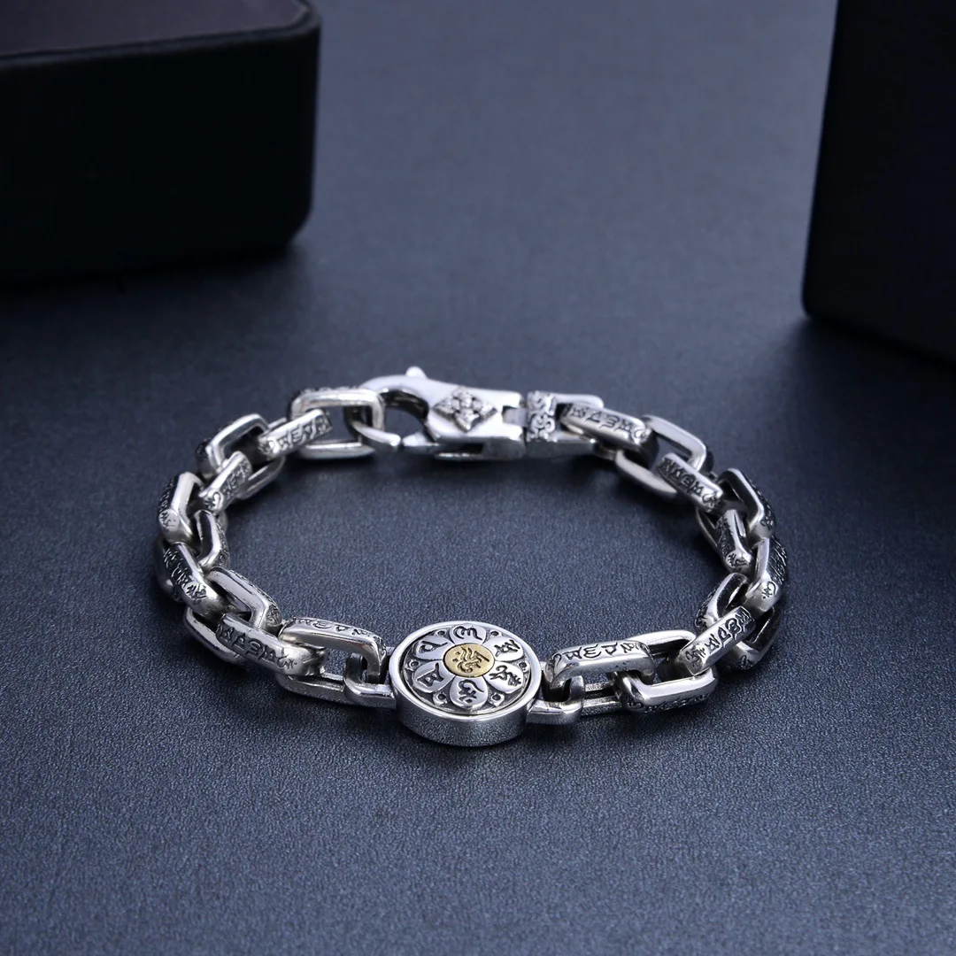 

New Year of the Ox Om mani padme hum Rotating Bracelet Sterling Silver 925 Men Personality Trendy Silver Jewelry Small Audience