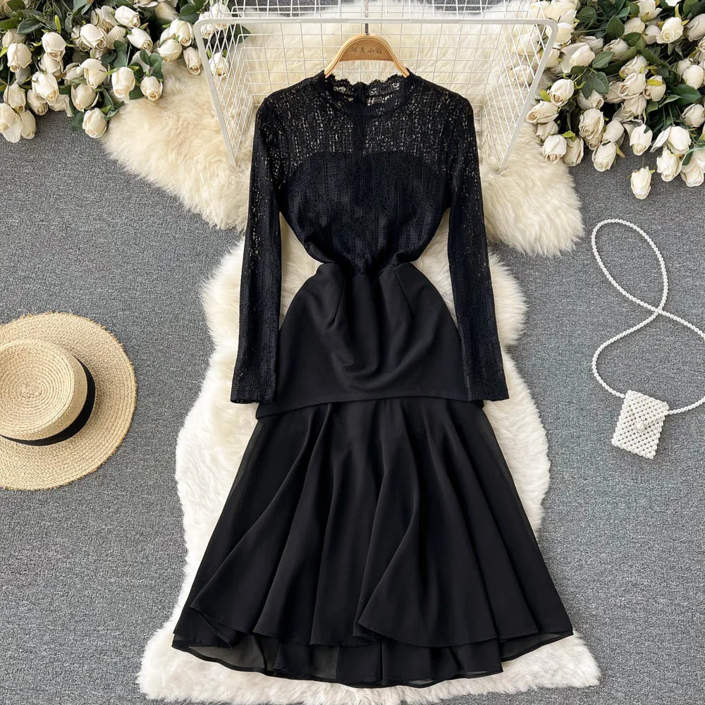 

D426 Spring Autumn New Fashion Women Round Neck Long Sleeve Mesh Lace Embroidery Thin A-line Dress Casual Vestidos