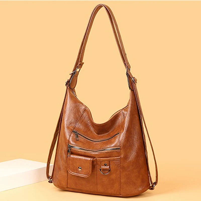 

Women's Solid Bag Female Handbags Vintage Soft Leather Crossbody Bags Large Qulaity Multi Pocket Ladies Shoulder Bag