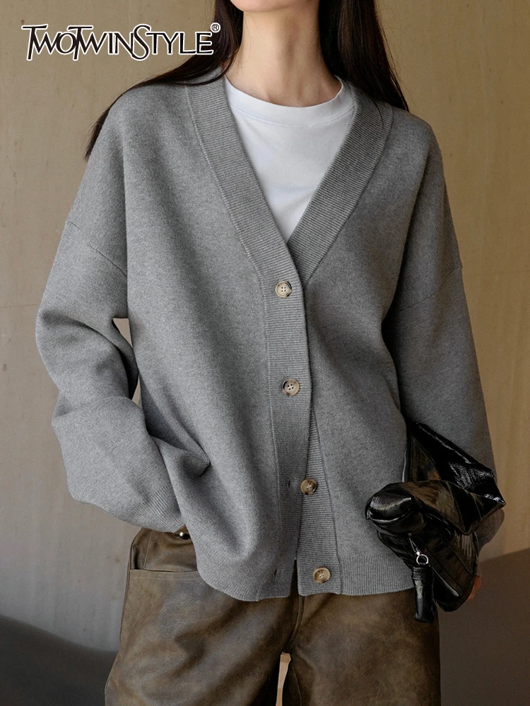 

Женский винтажный свитер TWOTWINSTYLE, Повседневный, лоскутный, однобортный, минималистичный свитер с V-образным вырезом и длинными рукавами,