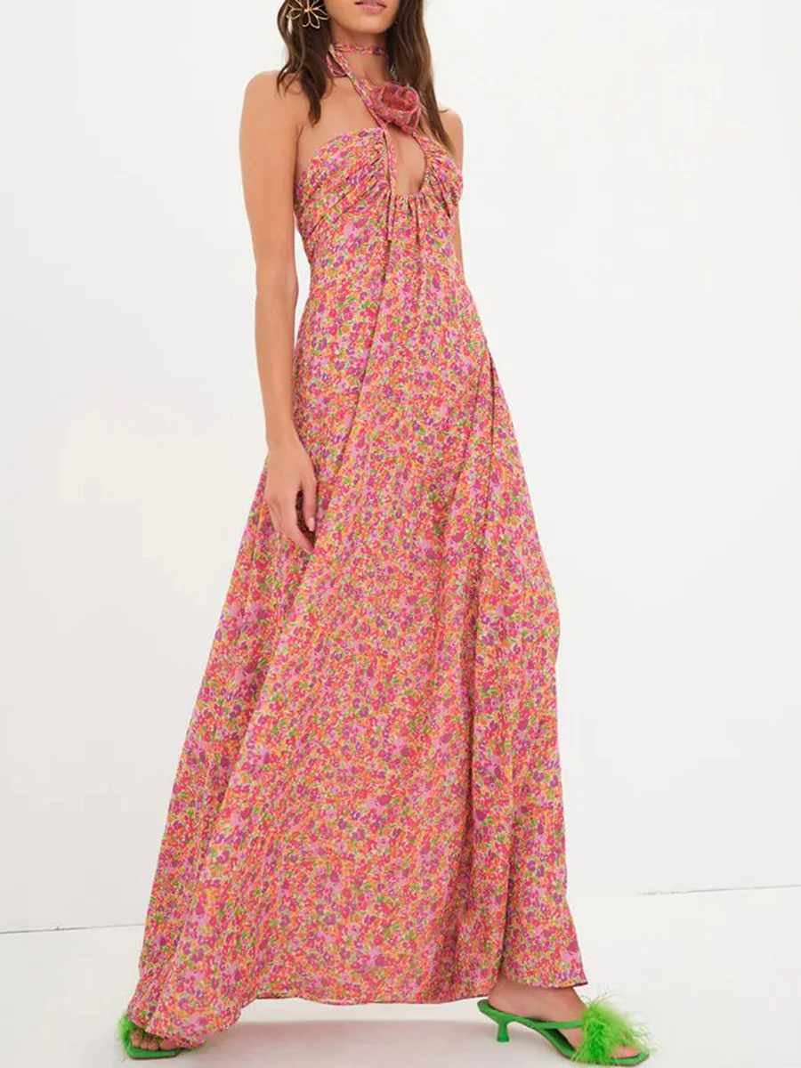 

Elegant Floral Print Halterneck with Ruffled Slit and Backless Design for Women s Casual and Party Wear