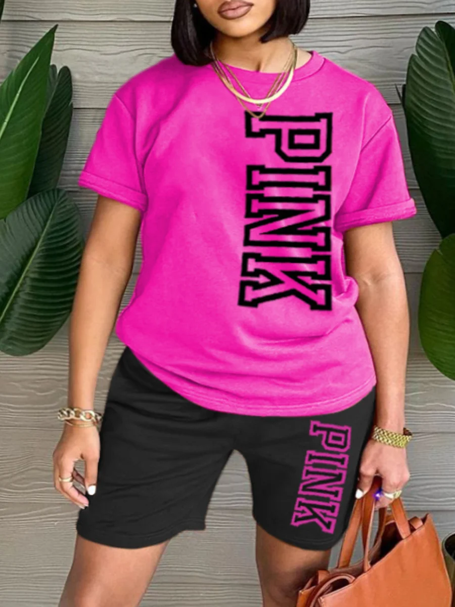 LW Plus Size Pink Letter Print Shorts Set Summer Women Printing Casual T-Shirt Y2k Graphics Top Shorts Set Lady Daily Streetwear