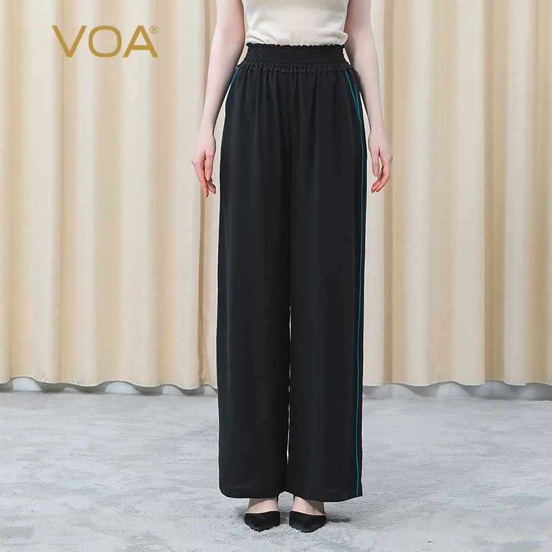 

VOA Silk Edible Tree Fungus Elastic Waist Trousers Women Pocket Side Open Line Decoration Black Wide-leg Pants Summer KE367
