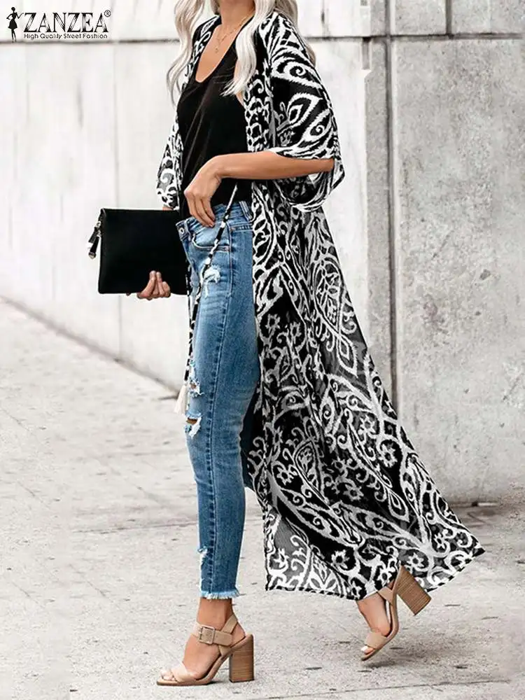 

Women Elegant Printed Cover Ups 2022 Summer See Through Cardigans ZANZEA Chic Chiffon Maxi Kimonos Holiday Beach Tops Oversized