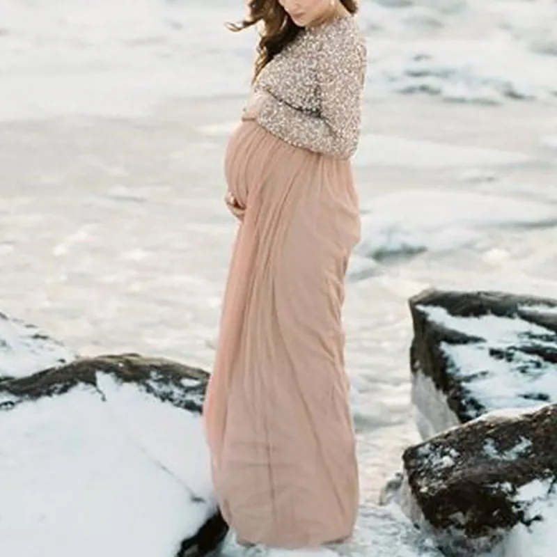 

Long Sleeve Sequined Maternity Maxi Gowns Dress for Photo Shoot Pregnant Women Baby Shower Phography Party Dress Pregnancy Dress