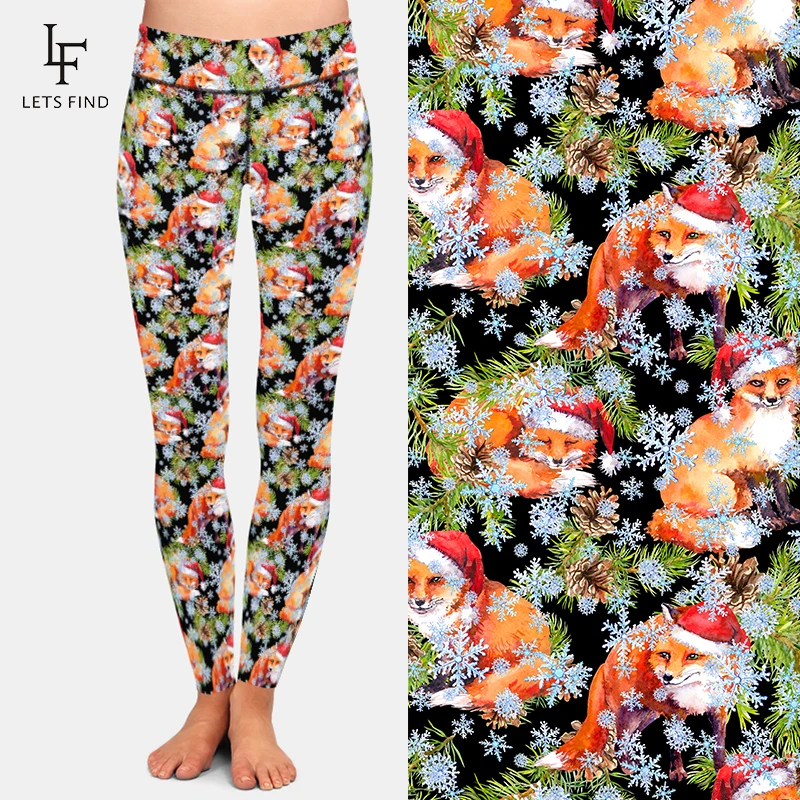 LETSFIND Christmas Women High Waist Leggings Christmas Fox Printing Fashion Elastic Fitness Winter Leggings