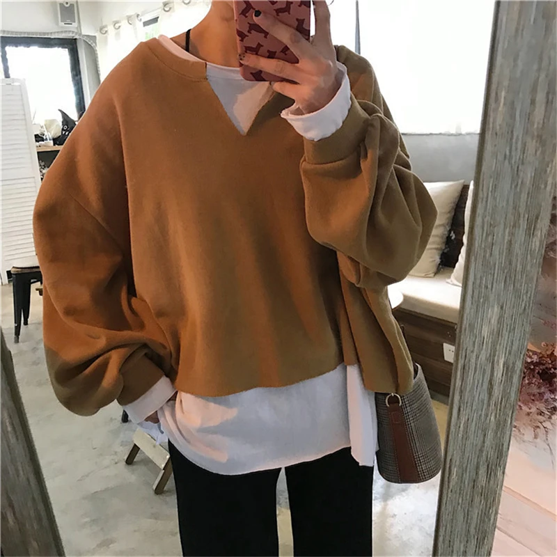 

AIIOU 2022 Autumn Casual Fake Two Sweatshirt Brown Loose Girl Korean Pullover Ladies Long Sleeve Patchwork Pullover Tops Clothes