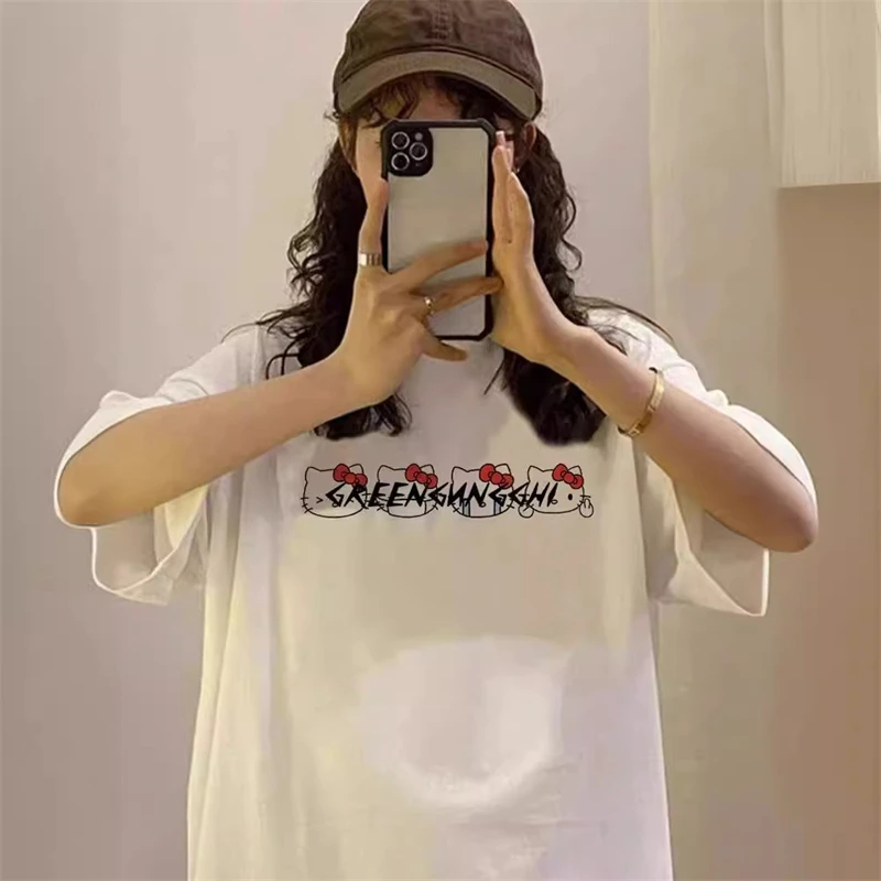 Kawaii Hello Kitty Harajuku Ullzang футболка Женская милая аниме Y2K уличная одежда мультяшная