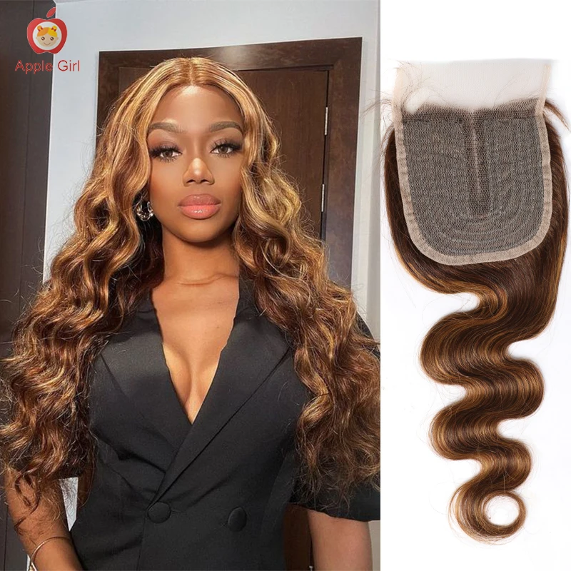 

Highlight Body Wave T-Part Lace Closure Brazilian Human Hair Middle Part Transparent Lace Closure From 8 to 22 Inch Applegirl