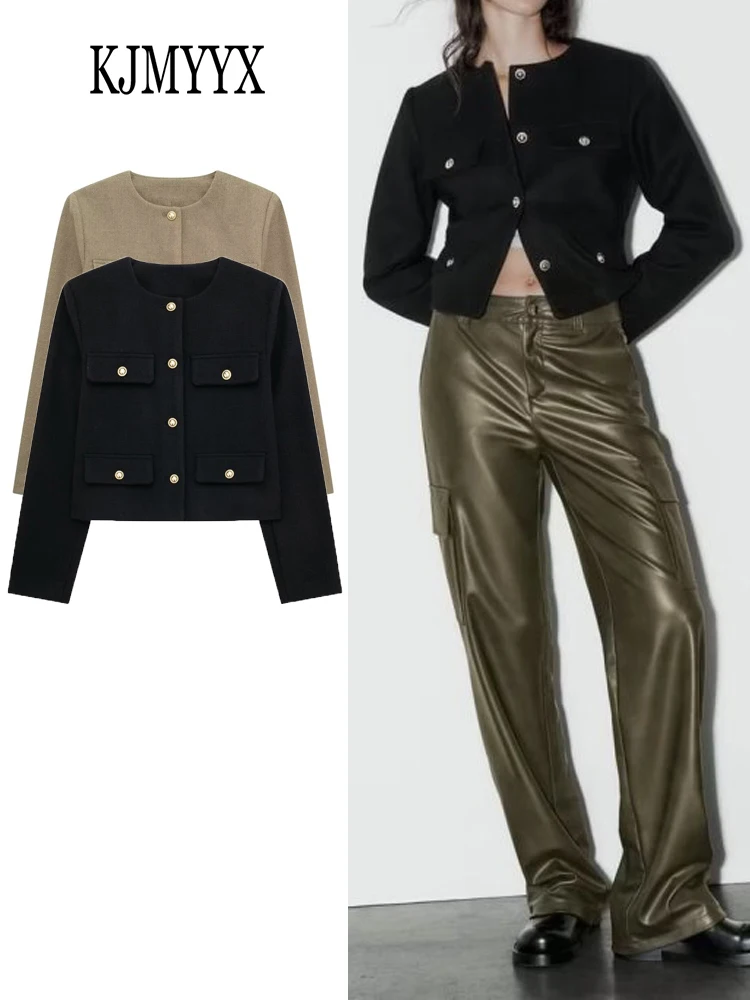 

KJMYYX Women Fashion Solid Short Jackets Coat Female Casual Vintage Long Sleeve Single Breasted Tops Womens Chic Street Outfits