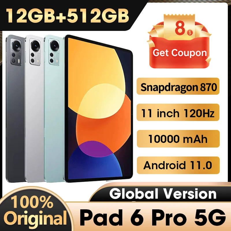 

Global Version Tablet Android Pad 6 Pro 12GB 512GB Snapdragon 870 tablet 11 inch 5G Dual SIM Card WIFI GPS Google Play 10000mAh