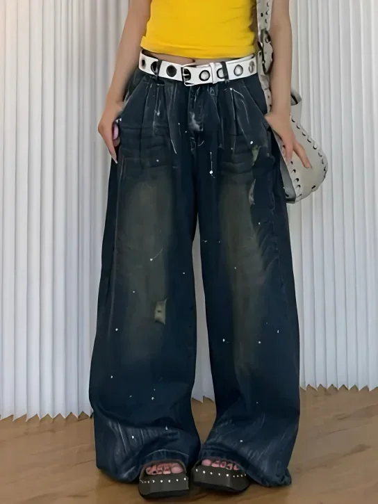 Американские повседневные свободные джинсы Y2K в стиле гранж с карманами хип-хоп