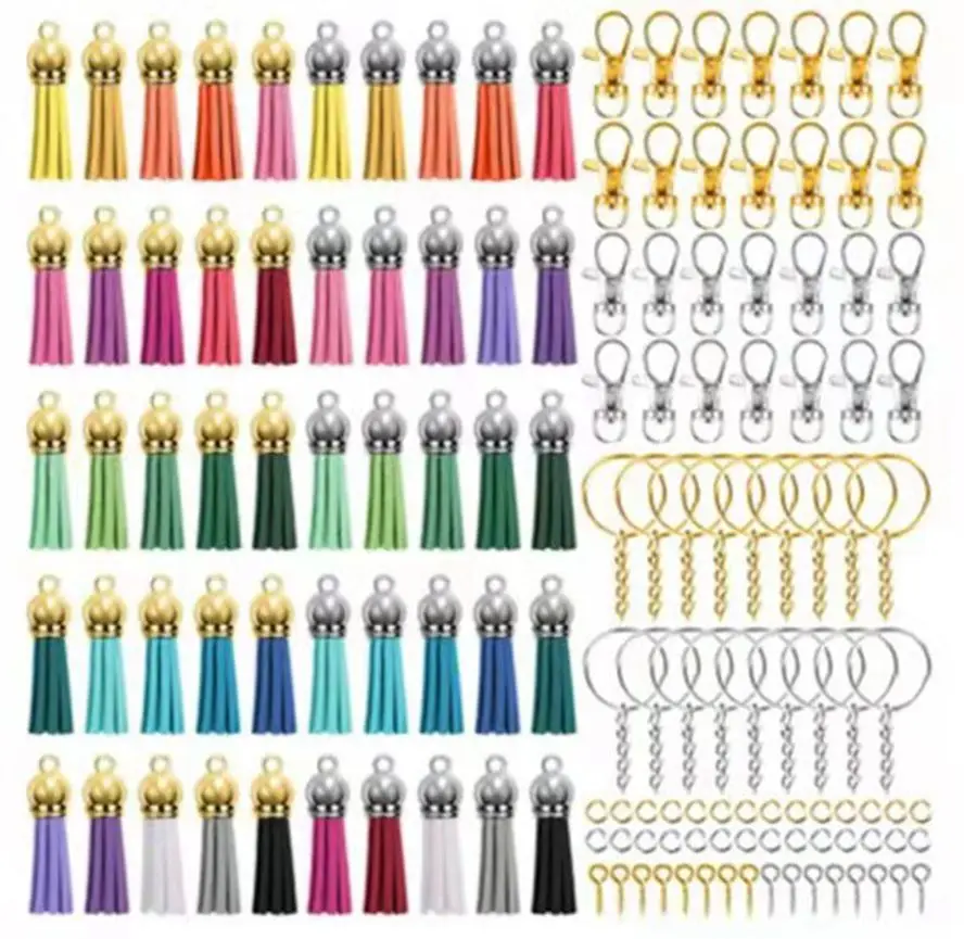 

350Pcs/Set Gold Silver Keychain Tassels Kit Including Leather Pendant Key Rings and Jump Rings for DIY Crafts Gifts
