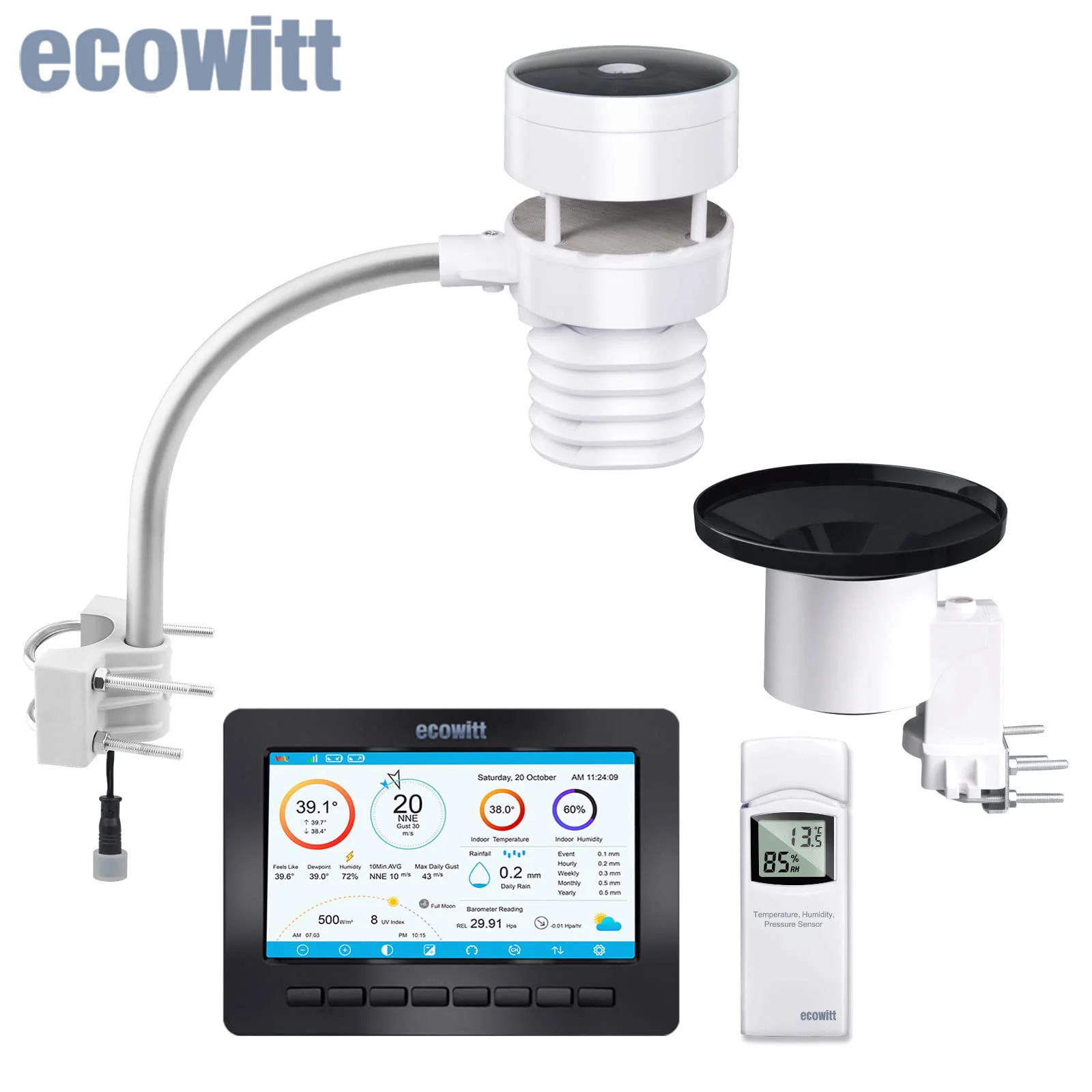 W/ Tft Large Color Display, Ultrasonic Anemometer Sensor, Self-emptying Rain Gauge Sensor