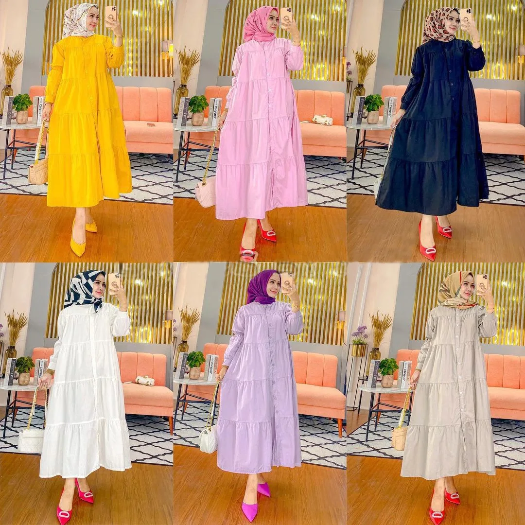 

Muslim Long Sleeve Cotton Dress Arabian Women's Long Robe Southeast Lai Indonesia Dress Spring Color Bright Fluffy Big Hem