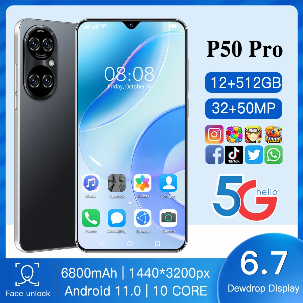 

P50 Pro 5G Smartphone Global Version Qualcomm 888 10 CORE 6.7Inch 6800mAh Android Celular 12GB 512GB 32MP+50MP Mobile Phone