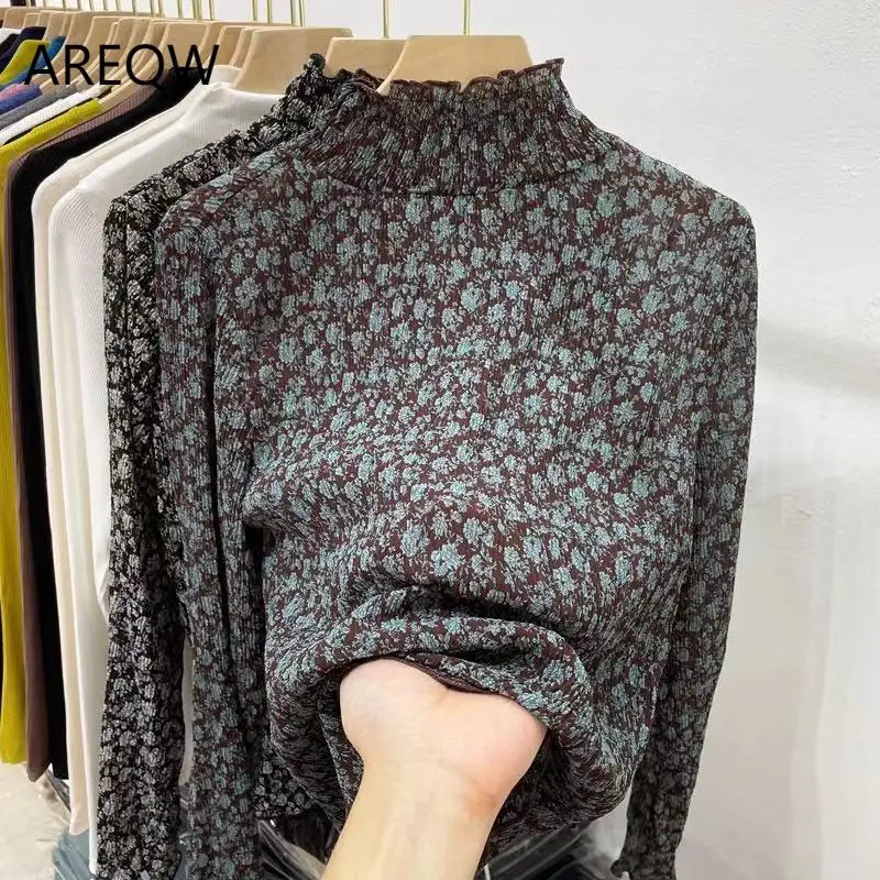 

Half Turtleneck Fungus Edge Floral Pleated Chiffon Top Women's New Slim Long-sleeved T-shirt Top Ins