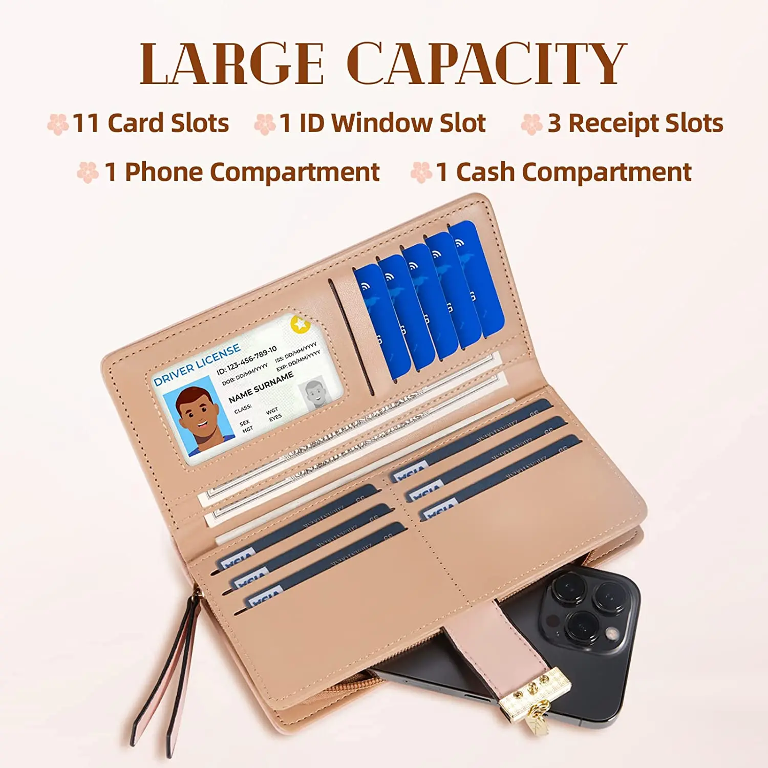 Cute Chocolate Women's Long Leaf Bifold Wallet Leather Card Holder Purse Zipper Buckle Elegant Clutch Wallet Handbag for Women