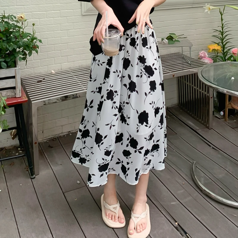 

COIGARSAM Women Skirt Chinese Style Vintage Print High Waist Black White Skirts Dropshipping