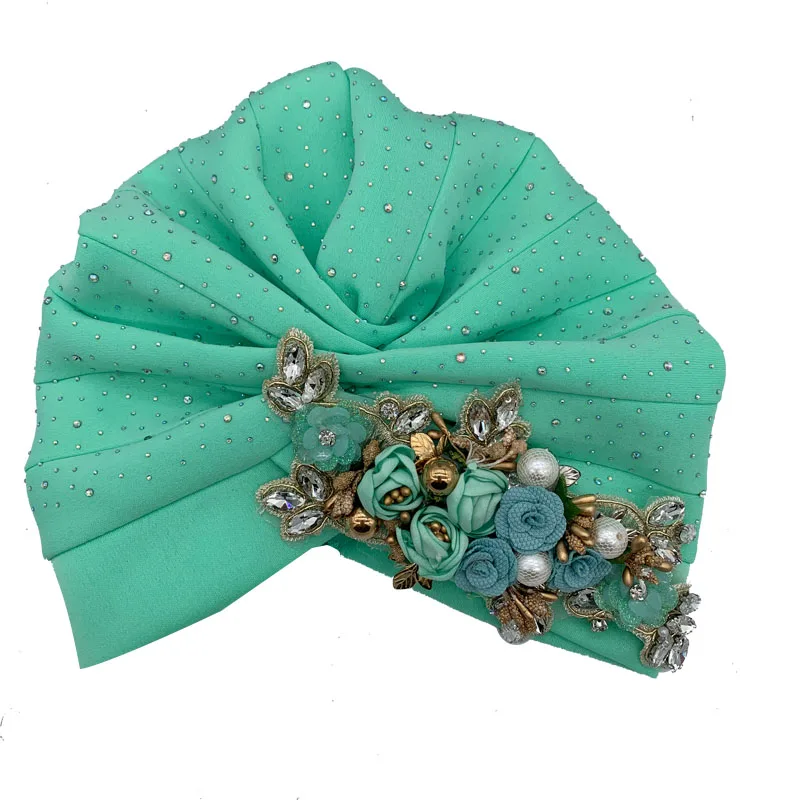 Fashion Shinny Rhinestone Flowers Women's Turban Hat Muslim Beanie Head Wrap Bonnet Female Party Headgear African Headtie