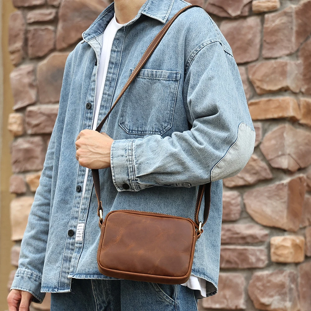 2023 Genuine Leather Mini Messenger Bag for Man Travel Crossbody Bag for Women Men Cell Phone Purse Trave Satchel Shoulder Bags images - 3