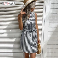 movokaka summer women stripe print sexy shirt dress button pocket slim office lady vestidos vintage casual holiday beach dresses