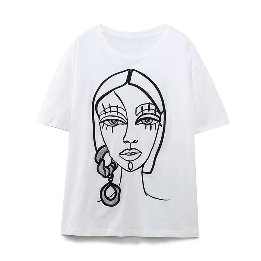 

Dave&Di British Abstract Girl Face Print Round Neck Fashion Cotton Top Casual Short-Sleeved Summer T-shirt Ladies