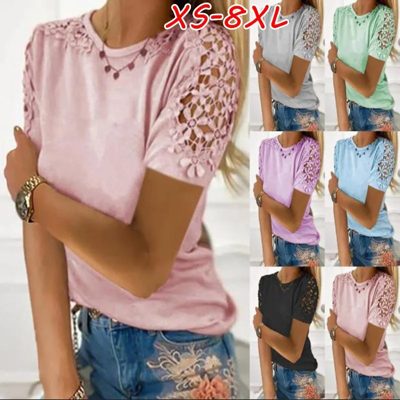 Women Fashion Pure Color Slim Lace Hollow Short Sleeve T-Shirt Soft and Comfortable Thin Loose Casual  Summer Tops