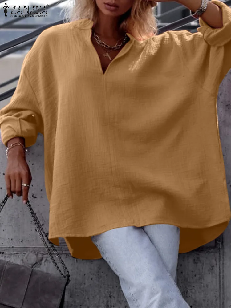 

ZANZEA Cotton Linen Oversize Blouses Women Casual Loose V Neck Long Sleeve Long Tops 2022 Fashion Drop-shoulder Solid Shirts