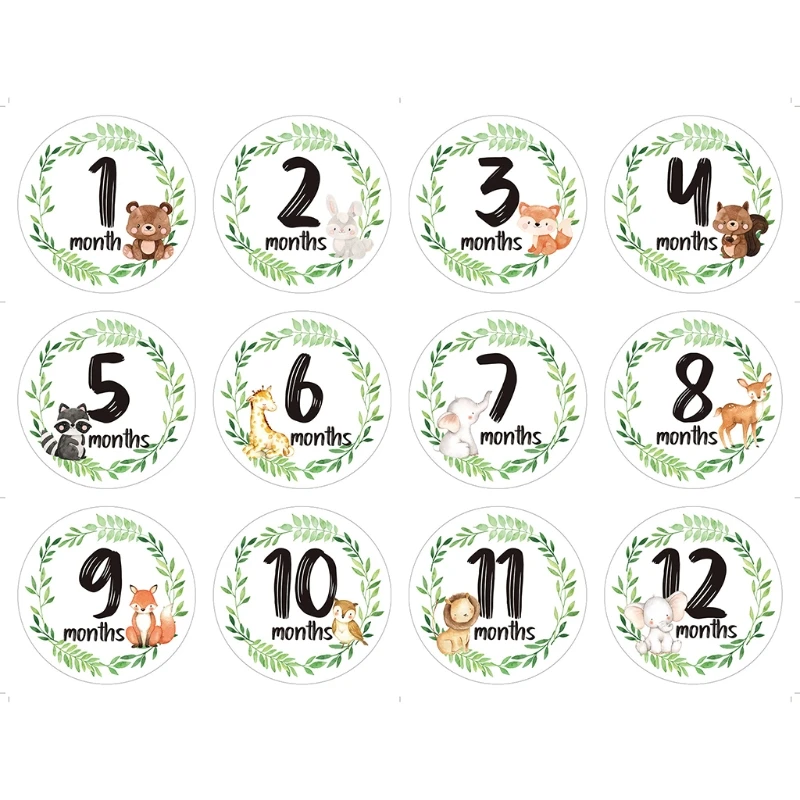 

12Pcs Newborn Baby Monthly Record Sticker Cartoon Animal Floral Printed Stickers