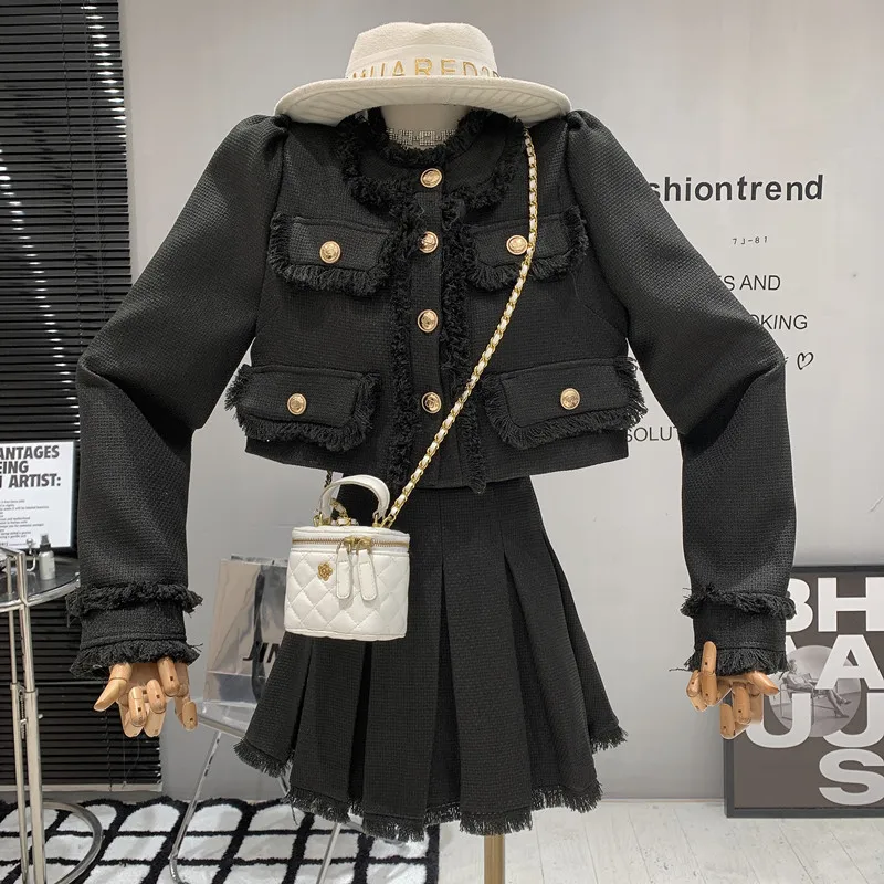 

Niche Design New Women's Clothing 2022 Autumn Long Sleeve Tweed Short Coat High Quality Pleated Skirt two-piece Set
