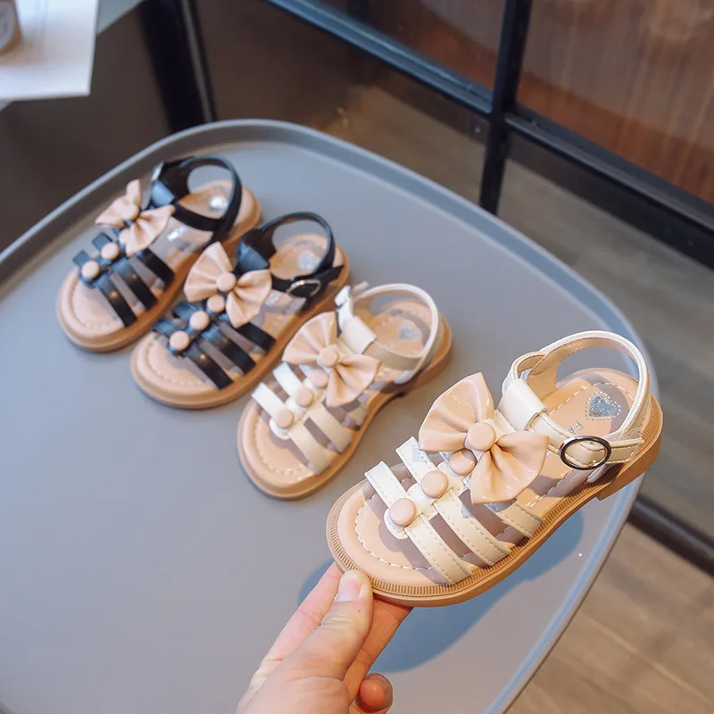 

2023 Summer Children Casual Shoes For Girl Fashionable Roman Anti-Slippery Solid Color Bow Princess Sandals For Girls 4-16 Year