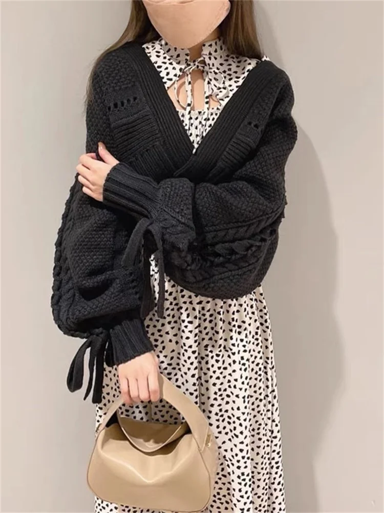 

Hsa 2022 Women Sweater and Cardigans V neck Cropped Cardigans Bow Tied Knitted Coats Loose Chic Sweet Lantern Sleeve y2k clothes