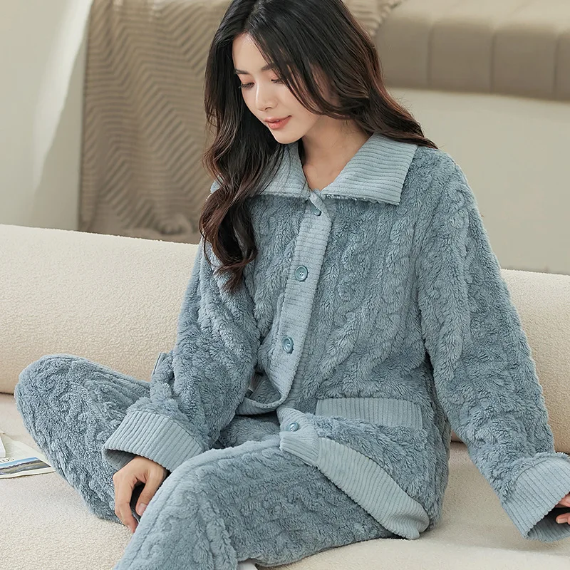 

Пижама для женщин зимняя, новая утолщенная Осенняя Двусторонняя бархатная Пижама кораллового цвета, средний воротник, удобный хлопковый бархатный костюм Xxl