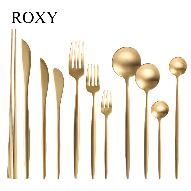 Набор столовых приборов Matte Gold из нержавеющей стали 18/10 роскошного дизайна: ножи, ложки, вилки, палочки для еды, можно мыть в посудомоечной машине.