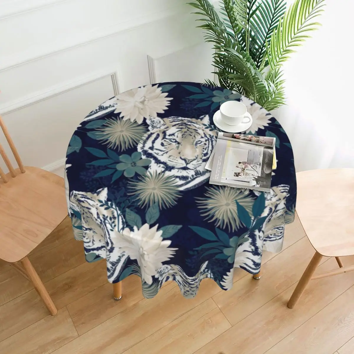 

Trendy Tiger Animal Tablecloth Watercolor Floral Blue Protection Dinner Table Cover Waterproof Polyester Wholesale Table Cloth