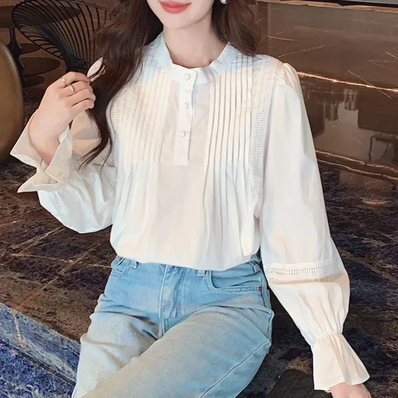 Модная женская блузка с круглым вырезом длинным рукавом рубашка женские топы