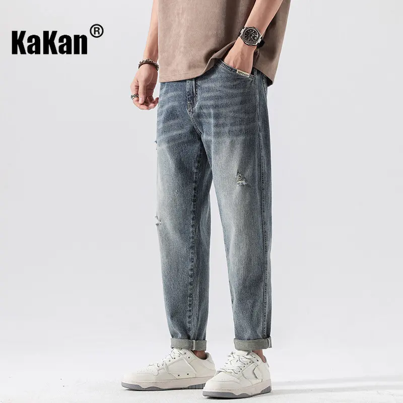 Kakan - Casual Loose Blue Jeans From Europe and The United States, New Micro Span Junior Jeans for Spring and Summer Men's30111