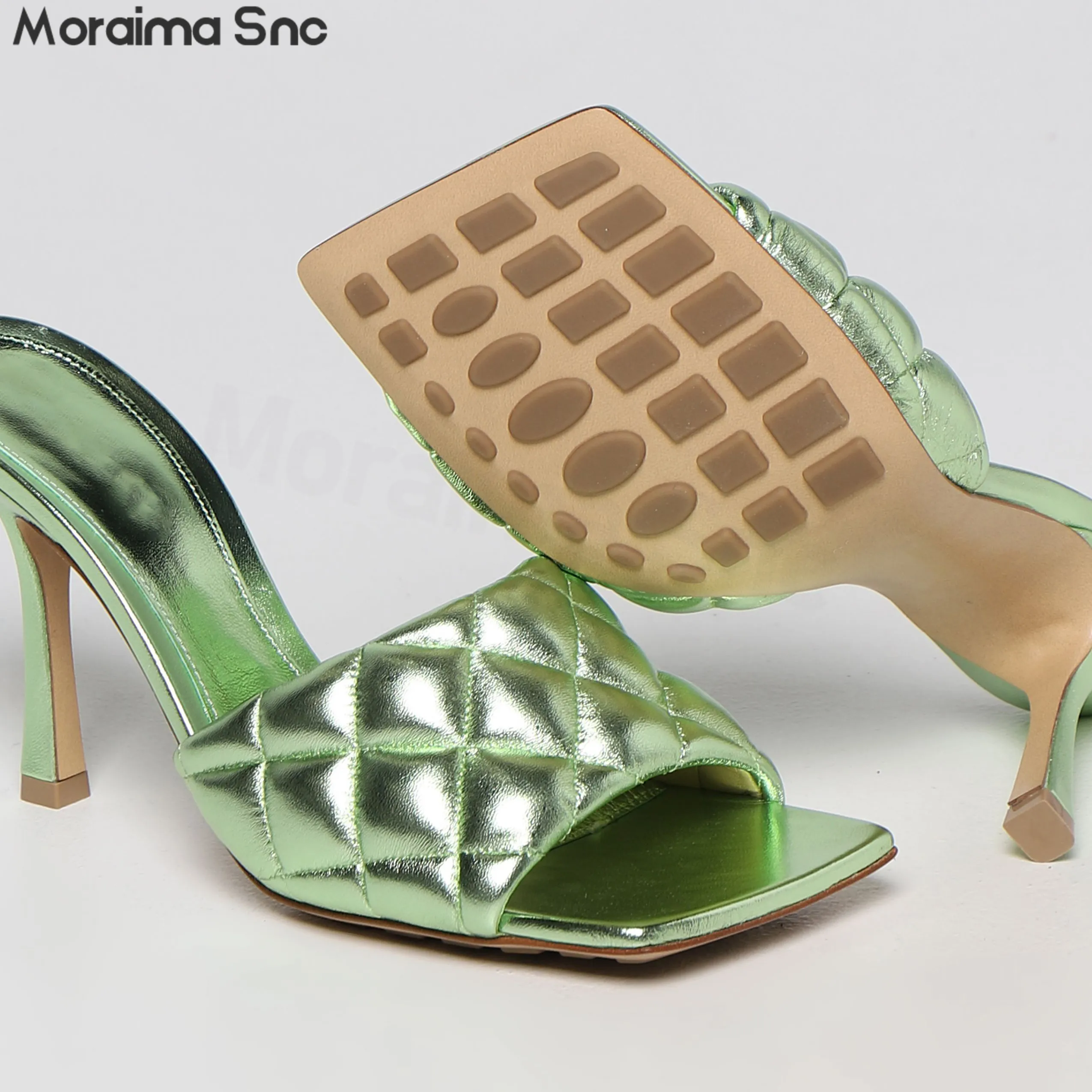 Multi-Color Rhombic Pattern Square Toe Slippers Summer Open Toe Stiletto Ladies Sandals Large Size Fashion Temperament Slippers