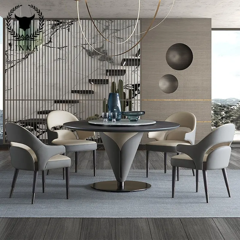 

Роскошный итальянский дизайнерский обеденный стол с мраморным рисом и вращающимся столом из массива дерева, Обеденная Мебель